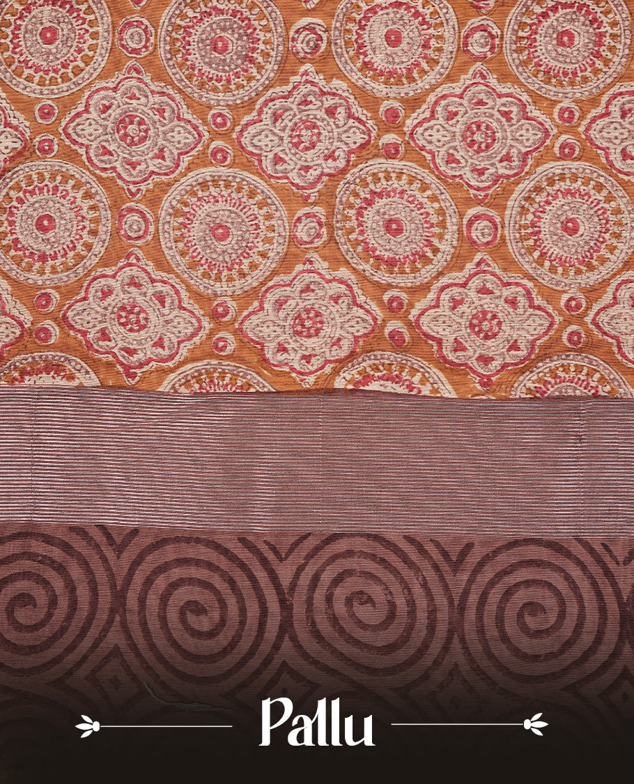 Brown colour Chanderi silk saree featuring Print on body, complemented by Brown colour with Antique zari border, paired with matching blouse piece.