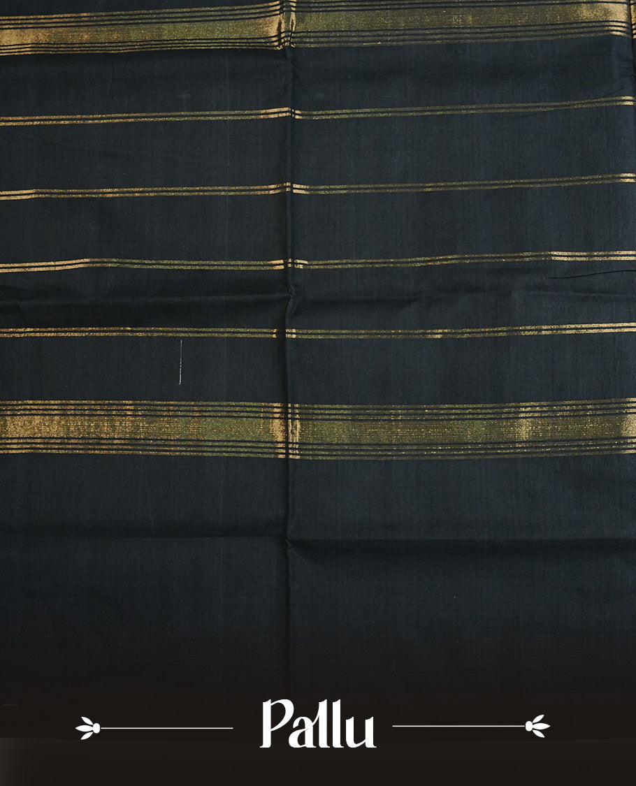 Black colour chettinad cotton saree featuring Plain body, complemented by Contrast Magenta Colour With Traditional Gold Zari border, paired with matching blouse piece.