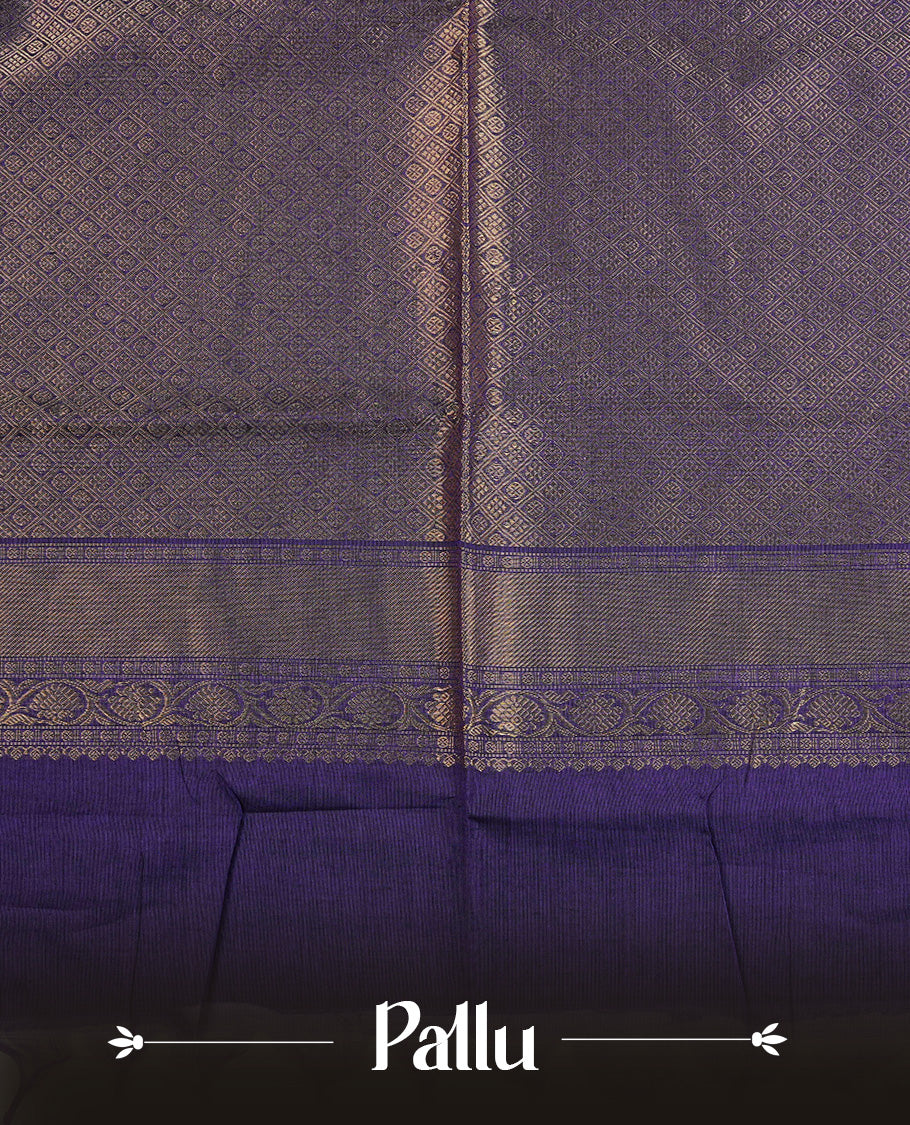 Violet colour chettinad cotton saree featuring Stripes on body, complemented by Contrast Black Colour With Gold Zari border, paired with matching blouse piece.