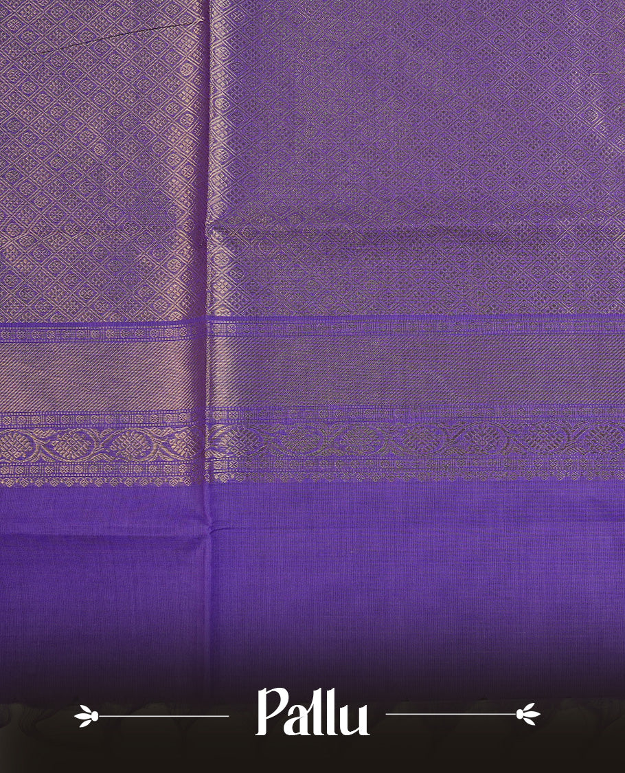 Violet colour chettinad cotton saree featuring Stripes on body, complemented by Contrast Purple Colour With Gold Zari border, paired with matching blouse piece.