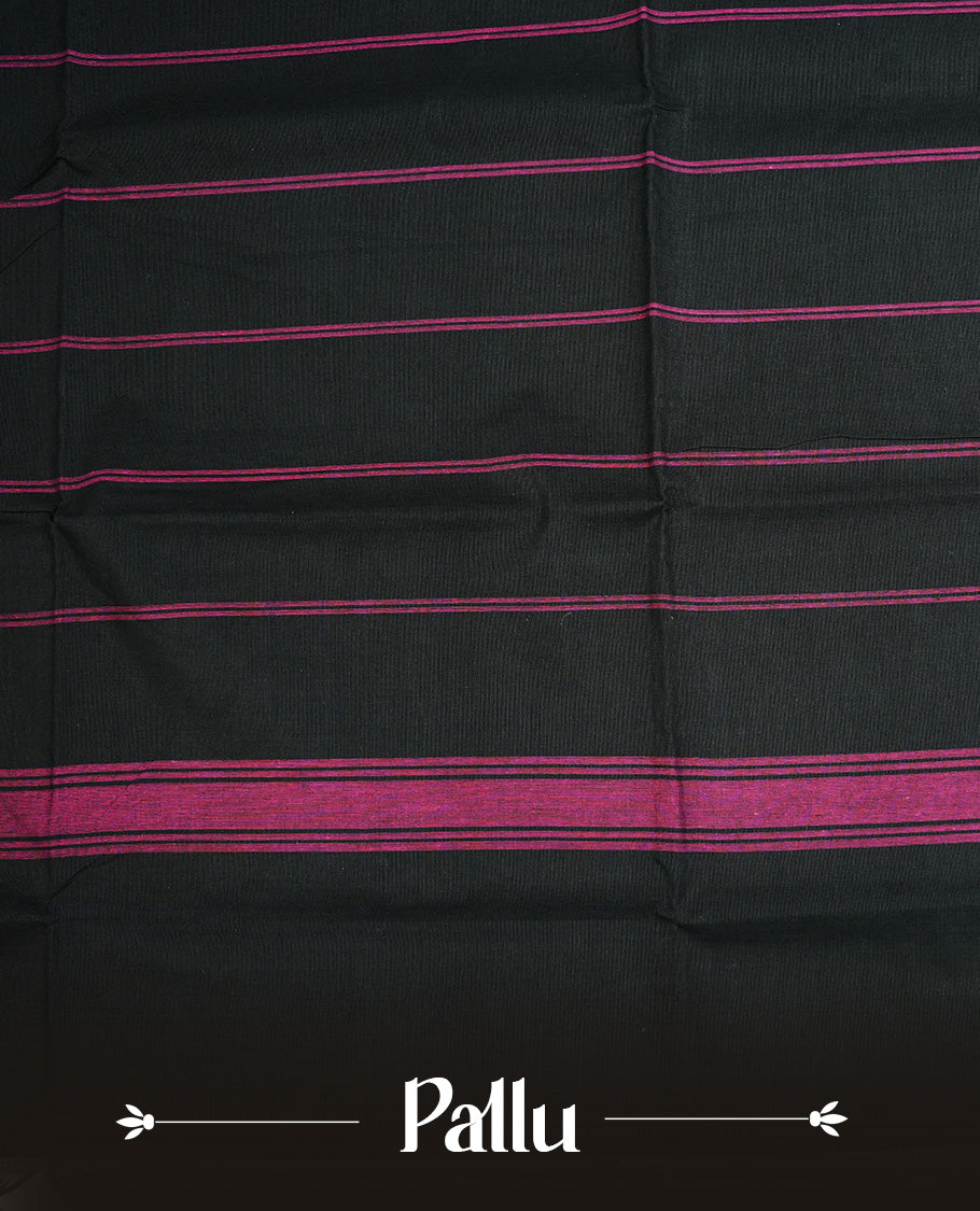 Black colour chettinad cotton saree featuring Plain body, complemented by Red Colour With Gold Zari border, paired with matching blouse piece.