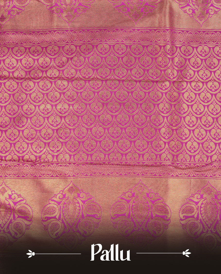 Yellow colour semi wedding saree featuring gold zari floral kode pattern on body, contrast Purple colour with traditional border, paired with matching blouse piece.