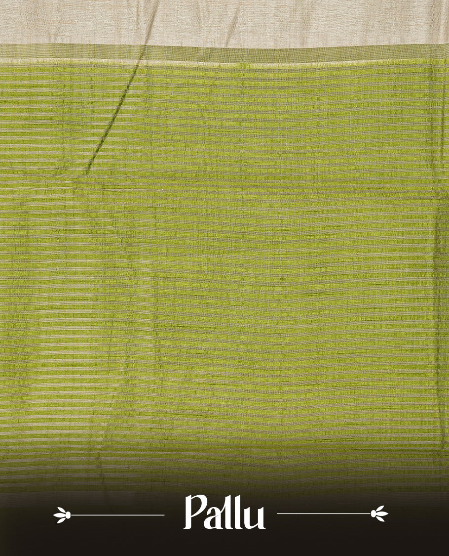 Cream colour Semi Tussar silk saree featuring an elegant plain body, accentuated by a contrast green border adorned with intricate gold zari work, paired with a matching blouse piece.