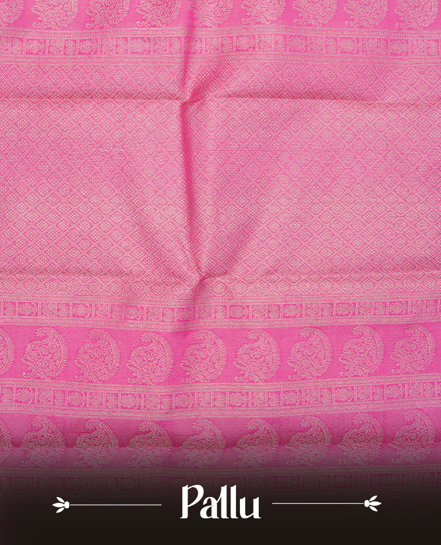 Pink colour Pure Wedding Silk Saree Featuring Gold zari Designed strips on body, complemented by self colour with traditional border, comes with matching blouse piece.