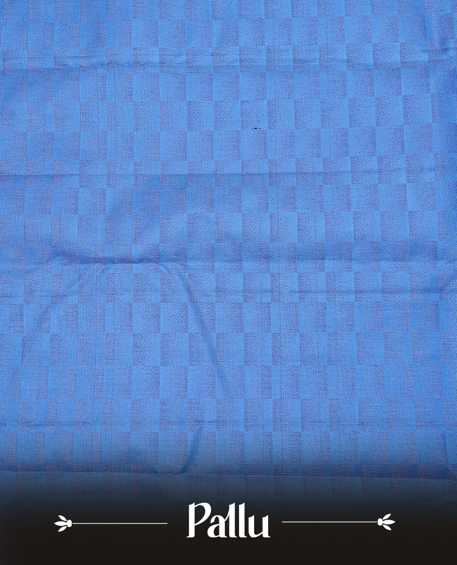 Blue colour soft silk saree featuring Rose Gold Zari Motifs on body, complemented by contrast Blue with Rose Gold border, paired with matching blouse piece.
