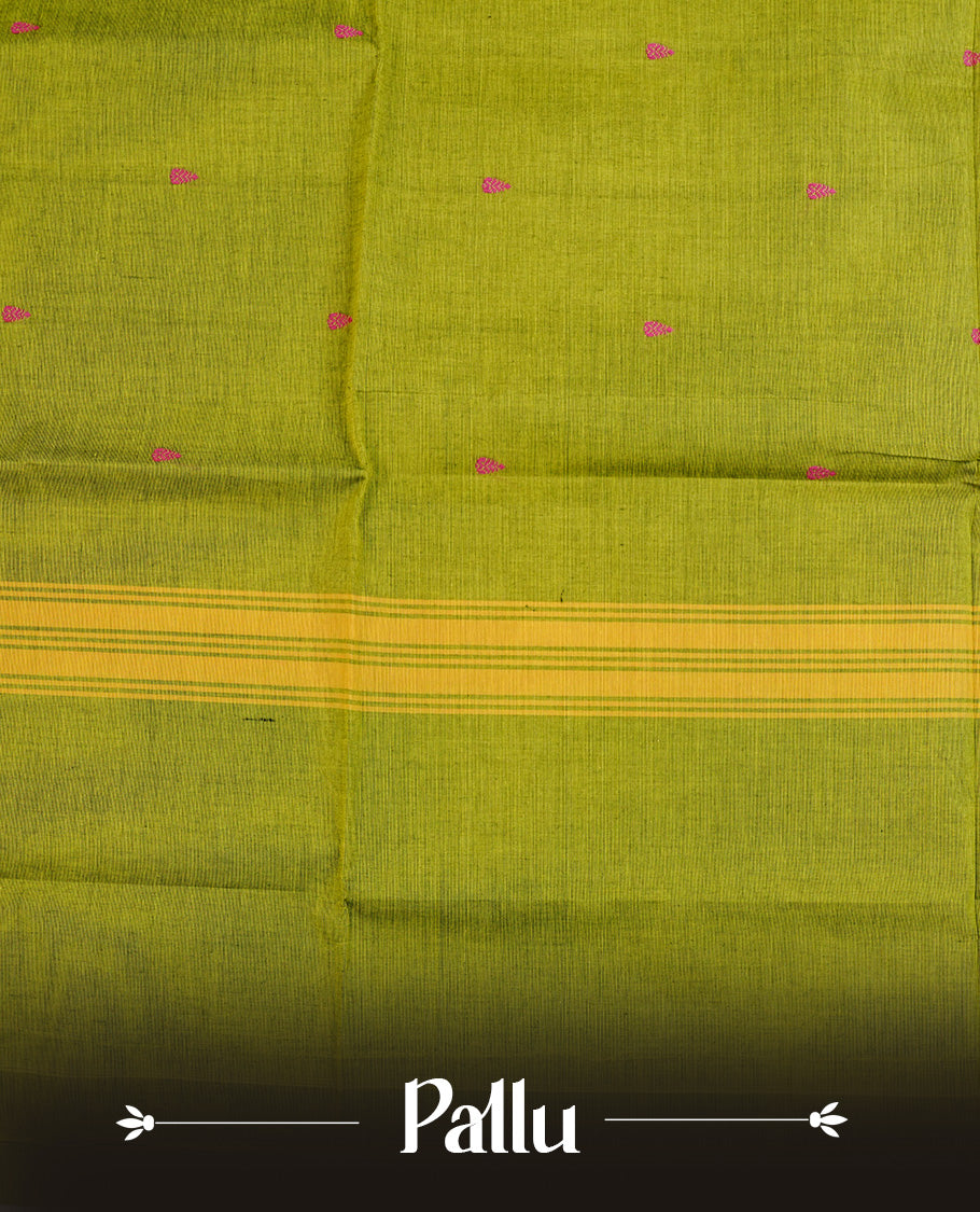 Lemon colour Chettinad cotton saree featuring Magenta Motifs, complemented by contrast magenta with gold zari border, paired with matching blouse piece.
