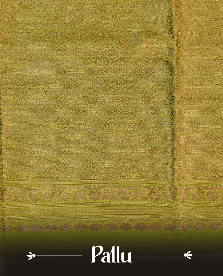 Light Green colour semi linen saree with elegant gold zari floral motifs across the body, complemented by a contrast colour with grand gold zari pallu and a borderless design, paired with a matching blouse piece.
