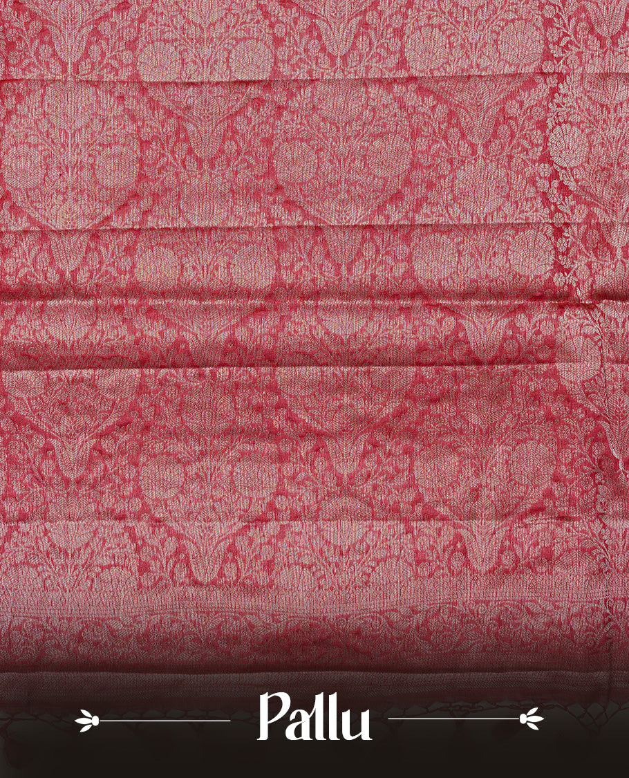 Red colour pure tussar silk saree featuring light gold zari floral kodi work on the body, a plain border & grand pallu, Paired With a matching blouse piece.