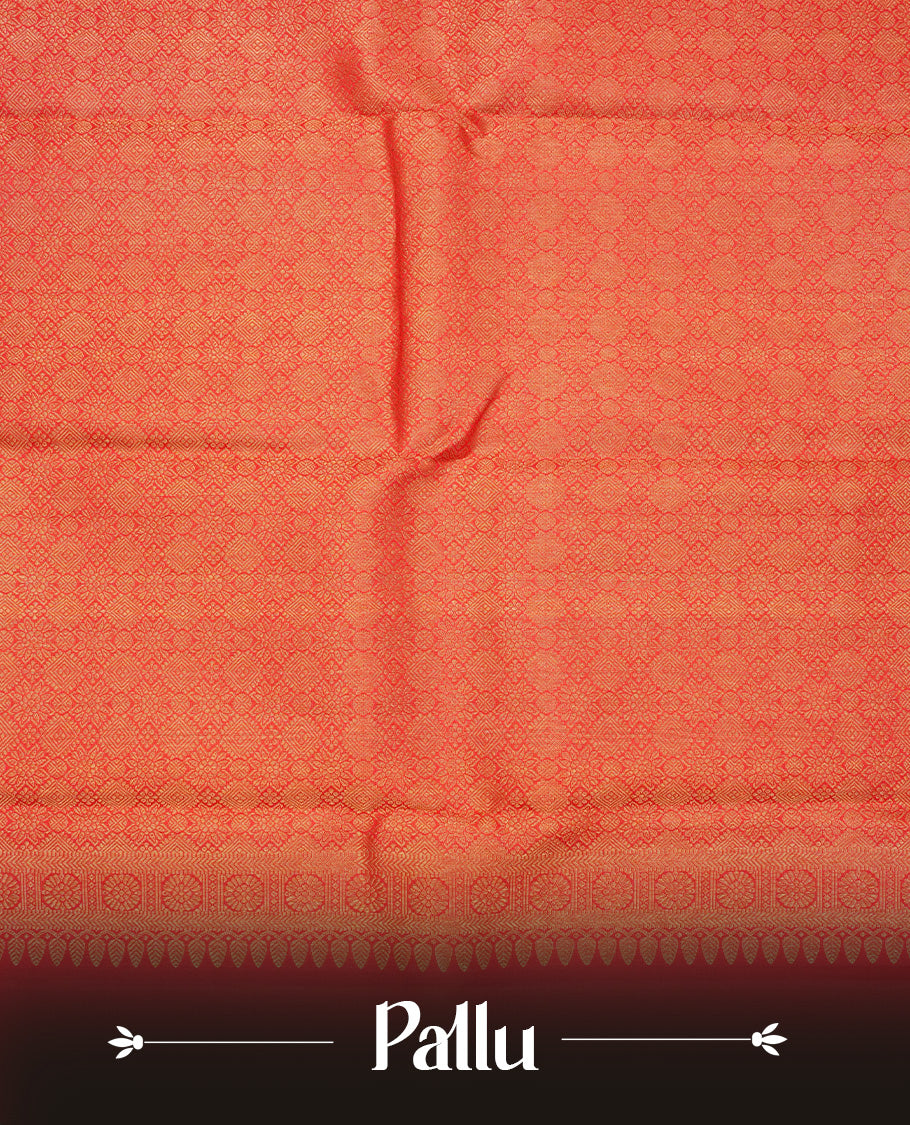 Red colour Traditional kancheepuram silk saree featuring Self colour design body with gold & silver zari buttas, complemented by Self colour with traditional border and green piping , comes with matching blouse piece.