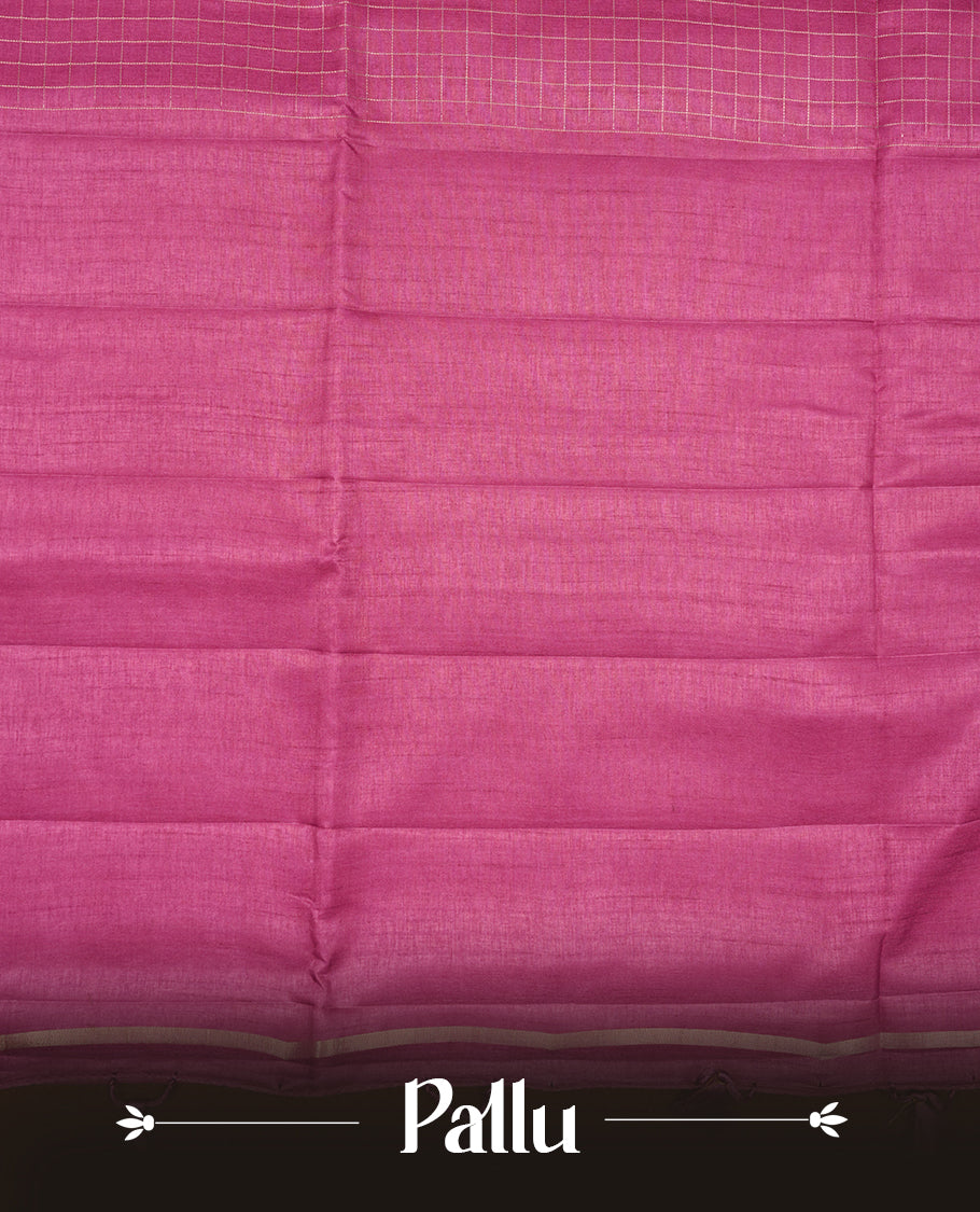 Pastel grape colour semi Tussar saree highlights gold zari check pattern across body, border, pallu and paired with matching blouse piece.