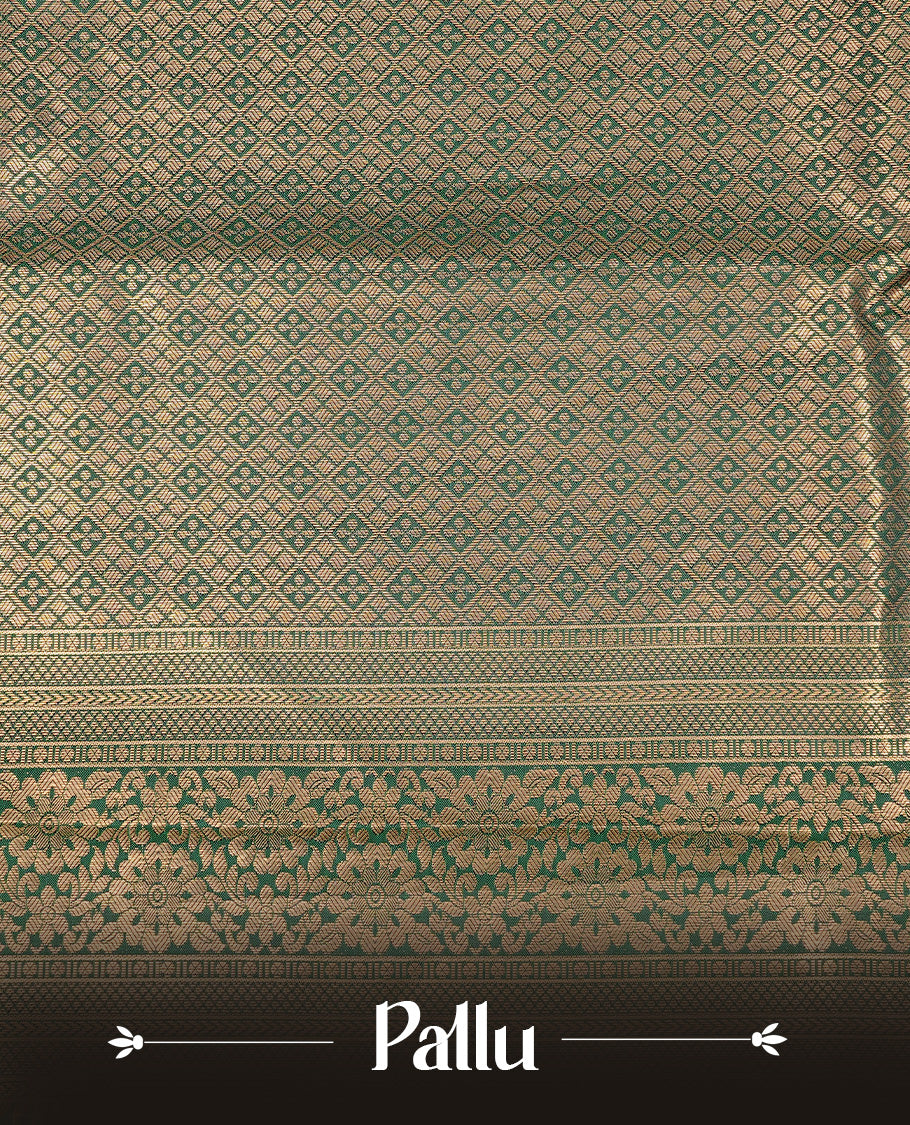 Green Semi Wedding Silk Saree featuring Gold Zari Check with Motifs On body, Complemented with traditional zari with Self colour border with, paired with matching blouse piece.