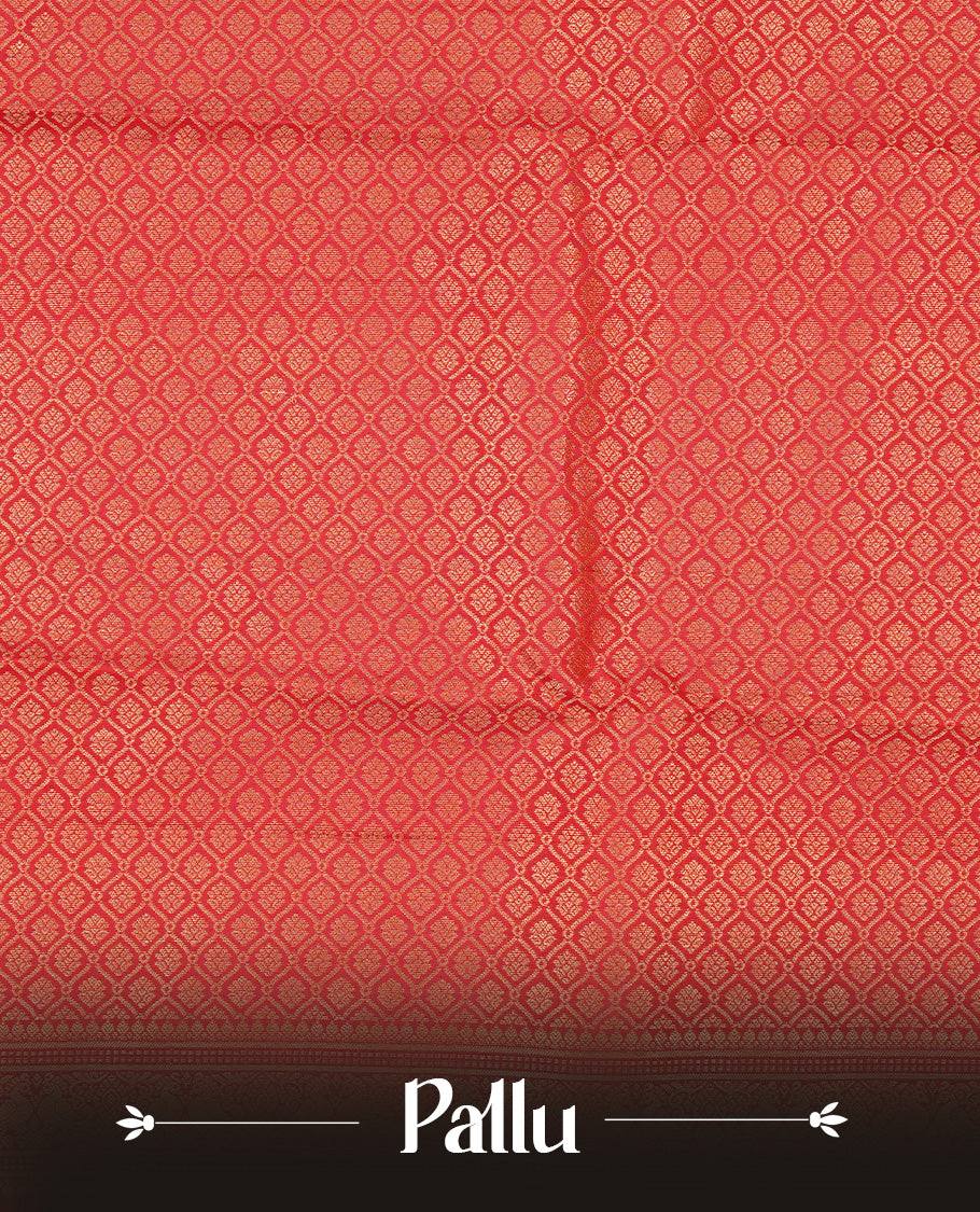 Cream colour Traditional Kancheepuram silk saree featuring gold zari motifs on body, enhanced with contrast Red with traditional border, paired with matching blouse piece.