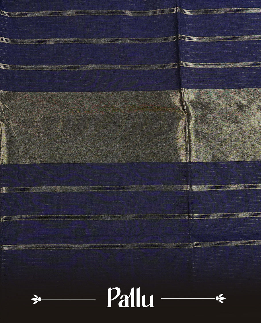 Navy Blue colour chettinad cotton saree featuring Gold Stripes on body, complemented by Contrast Colour With Gold Zari border, paired with matching blouse piece.
