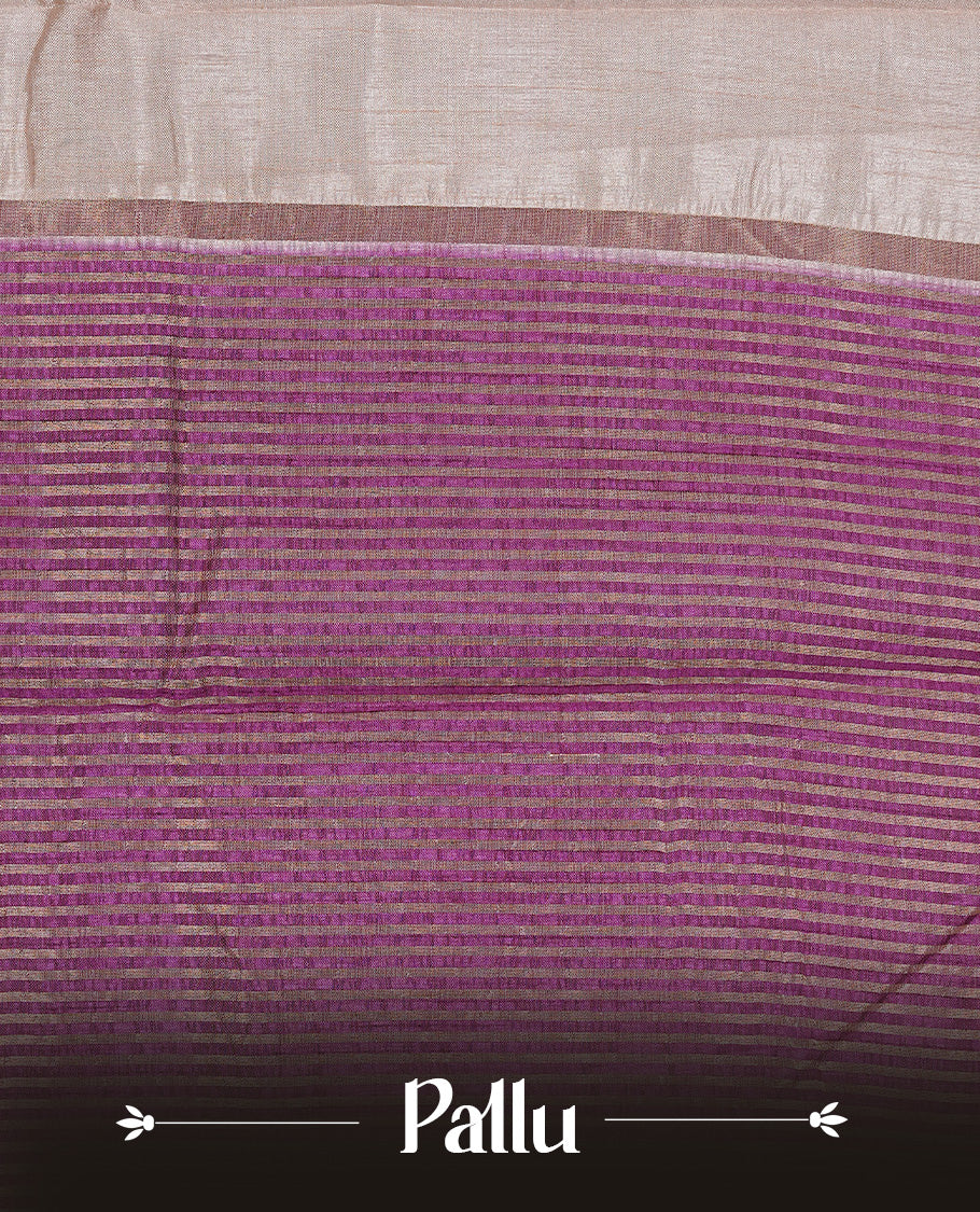 Cream colour Tussar silk saree Featuring Elegant Plain body, complemented by Contrast Purple colour with gold zari border, paired with matching blouse piece.