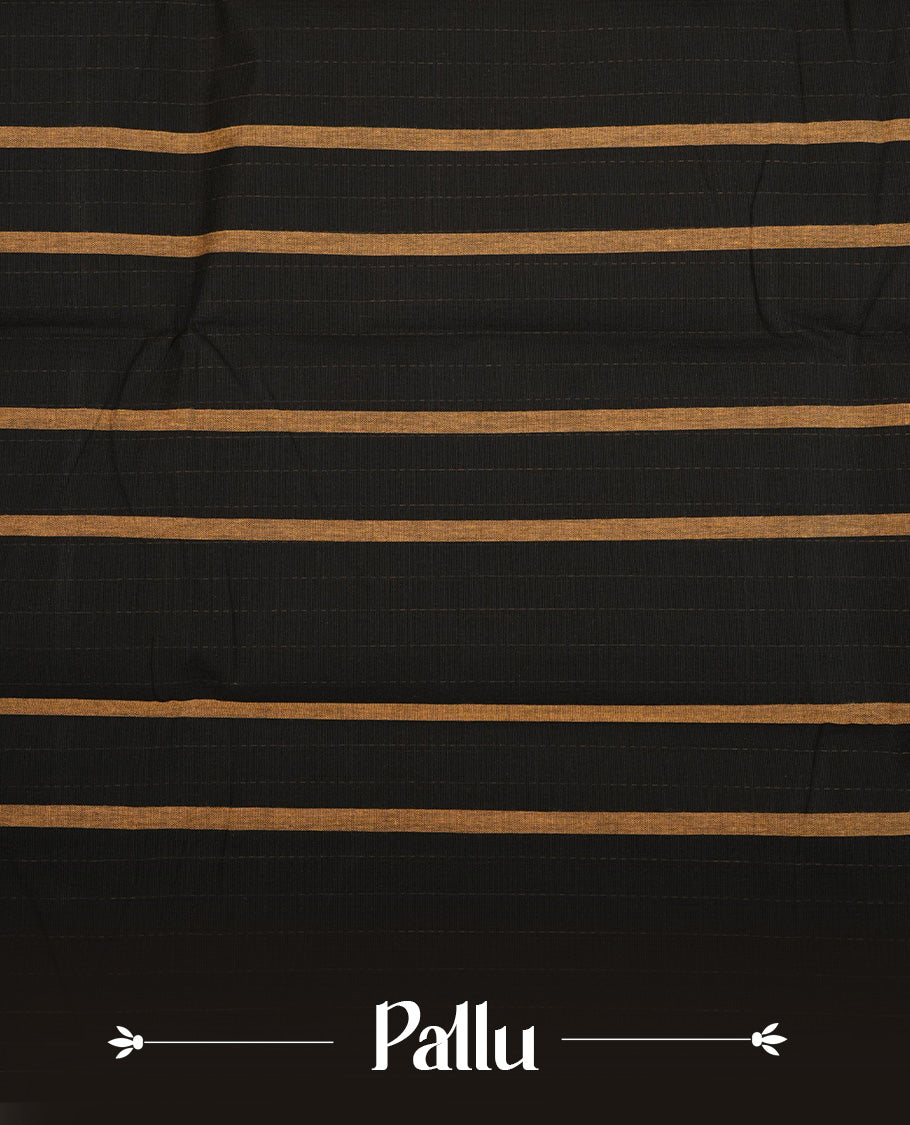 Black Colour Mangalagiri cotton saree with a Gold Zari Striped body, contrast Gold Zari striped border & pallu . Paired with a matching blouse piece .