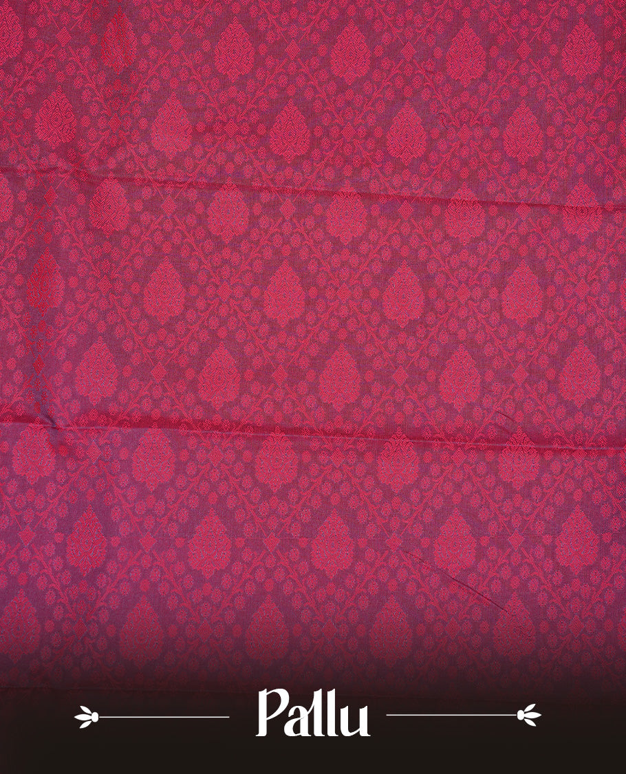 Reddish pink colour Semi silk saree Featuring Self zari Pattern on body, complemented by Maroon colour with gold zari border, paired with matching blouse piece.