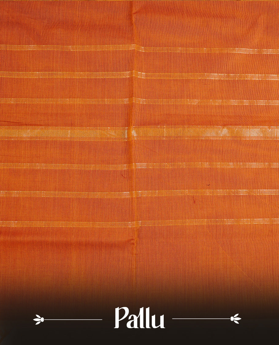 Brick orange colour chettinad cotton saree featuring Elegant plain body, complemented by contrast Black colour with Gold zari border, paired with matching blouse piece.