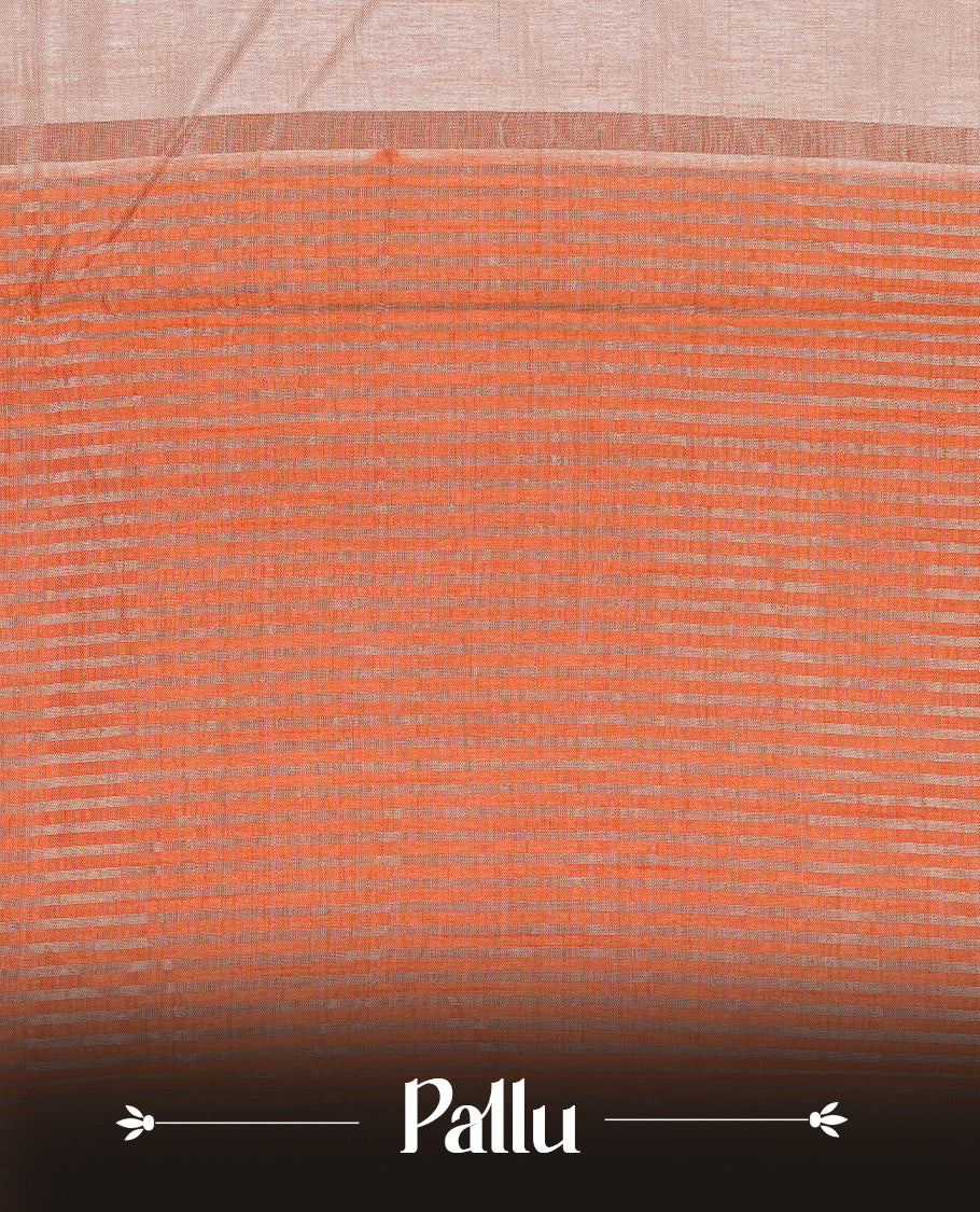 Cream colour Tussar silk saree Featuring Elegant Plain body, complemented by Contrast Orange colour with gold zari border, paired with matching blouse piece.