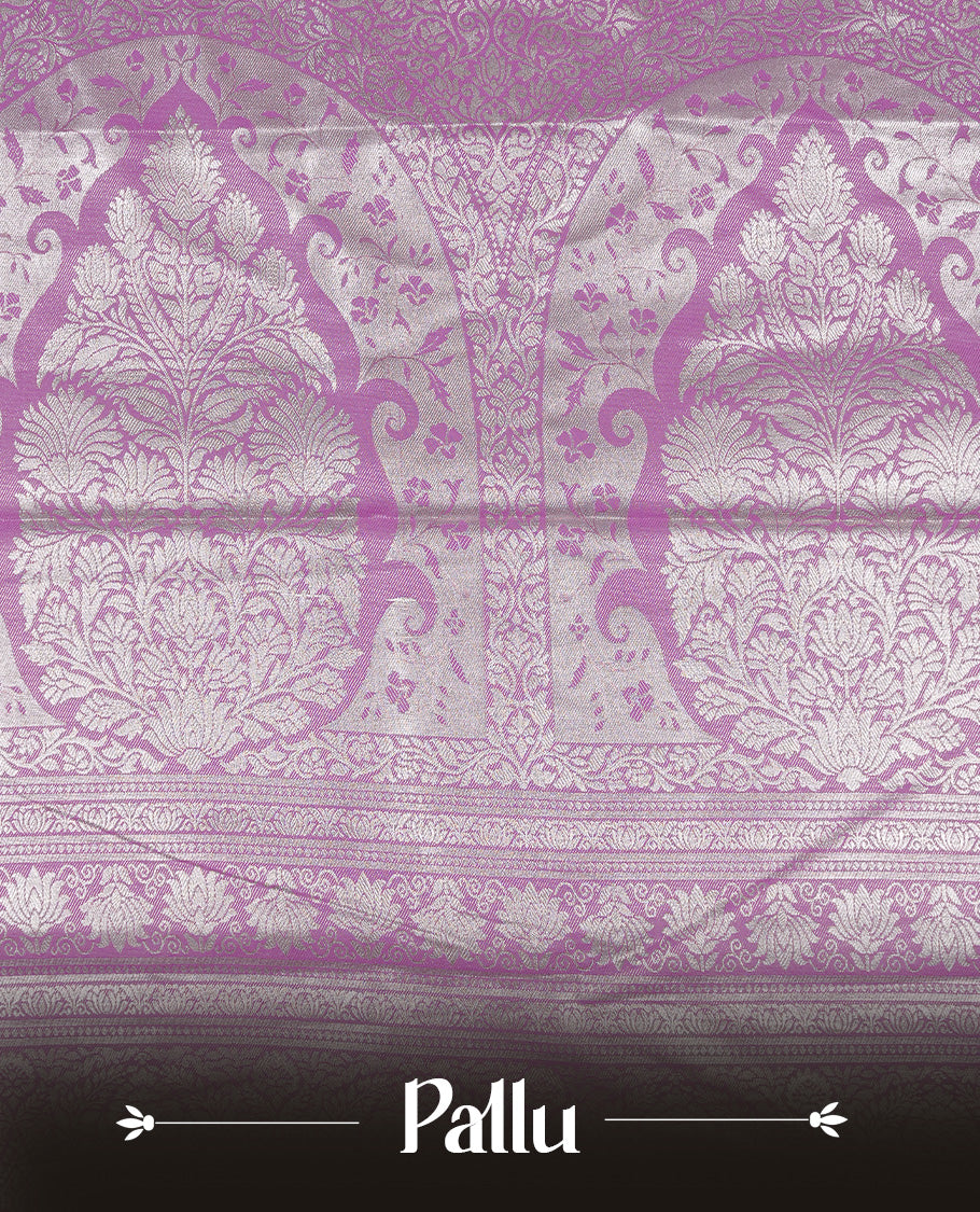 Light Gold Tissue silk saree featuring Pink colour floral design on body, complemented by Pink colour with Light gold zari border, paired with matching blouse piece.
