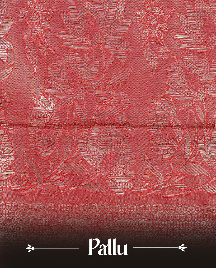 Maroon colour Semi wedding silk saree featuring Green colour floral kodi on body, complemented by contrast Self colour with gold zari border, paired with matching blouse piece.