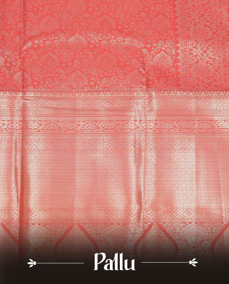 Red Colour Wedding Silk Saree Featuring Gold zari pattern on body, complemented by traditional Zari pattern on self colour border with Green colour piping, paired with matching blouse piece.