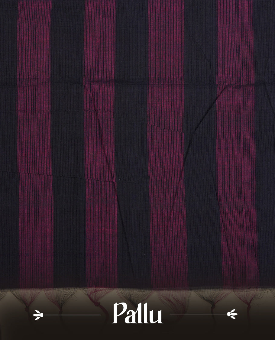 Navy Blue and Pink Colour checked Mangalagiri cotton saree Featuring Self Coloured Border ,With Striped pallu, Paired With A matching blouse piece.