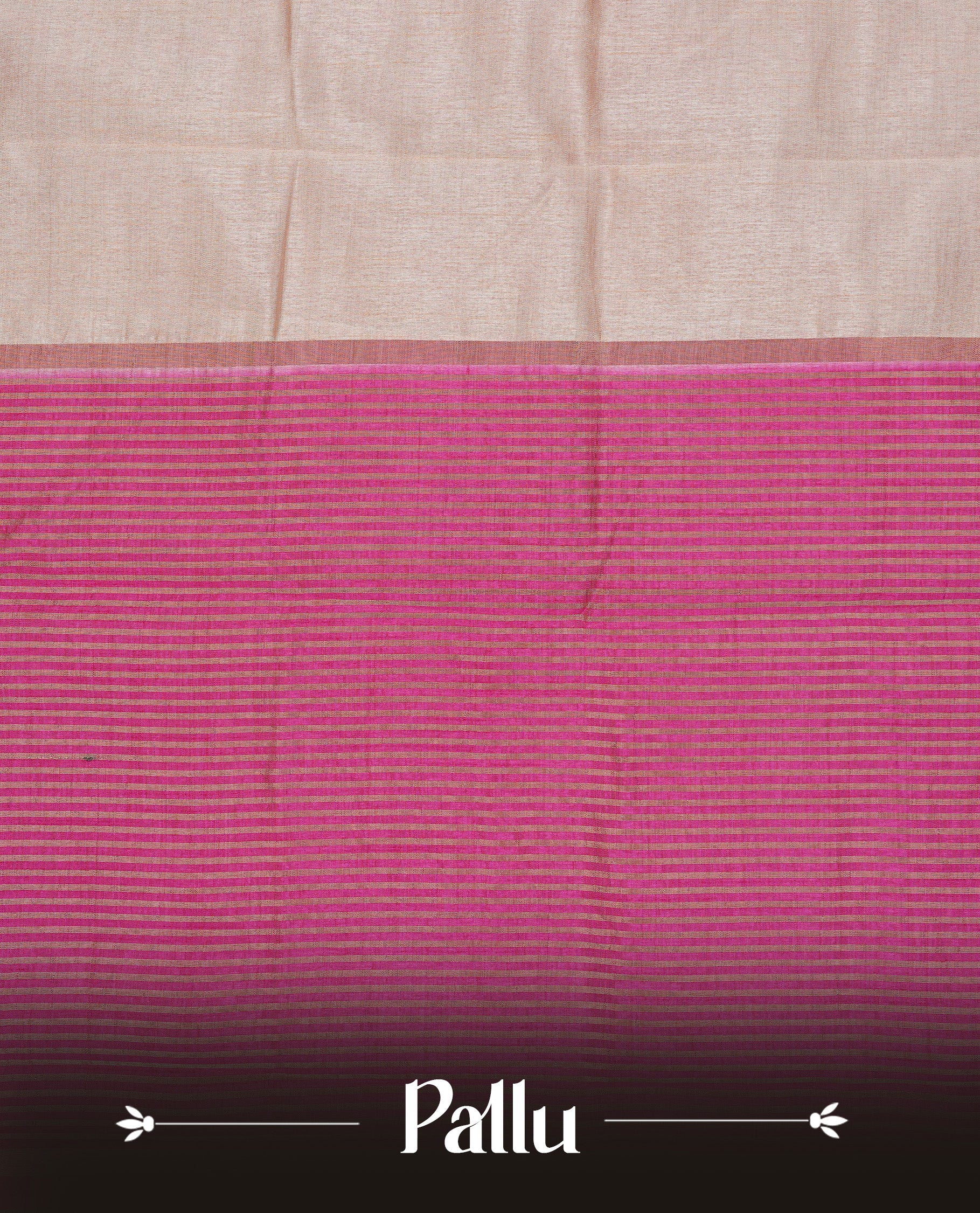 Cream colour Semi Tussar silk saree featuring an elegant plain body, accentuated by a contrast Pink border adorned with intricate gold Mango zari work, paired with a matching blouse piece.