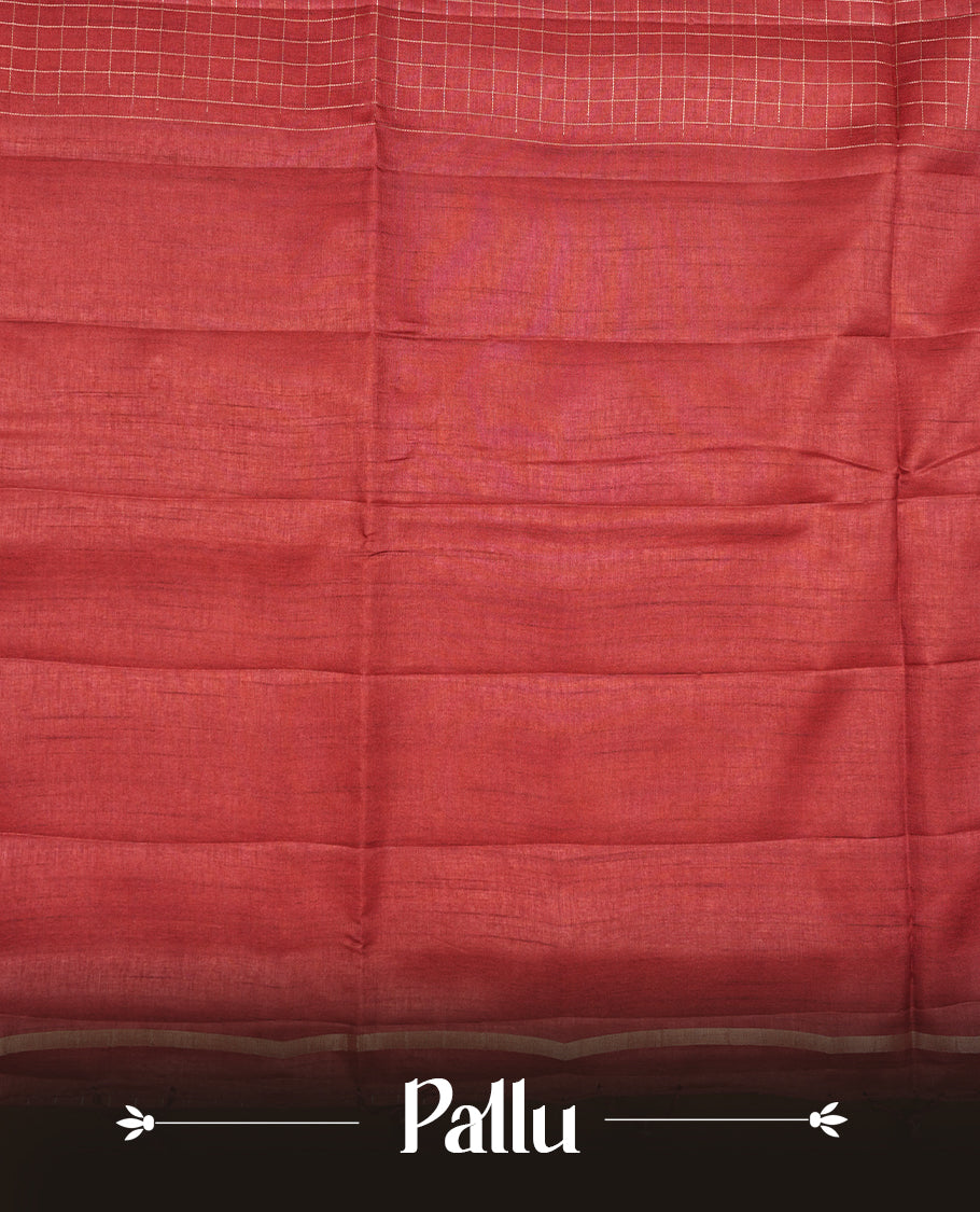 Brown colour semi tussar saree highlights gold zari check pattern across body, border, pallu and paired with matching blouse piece.