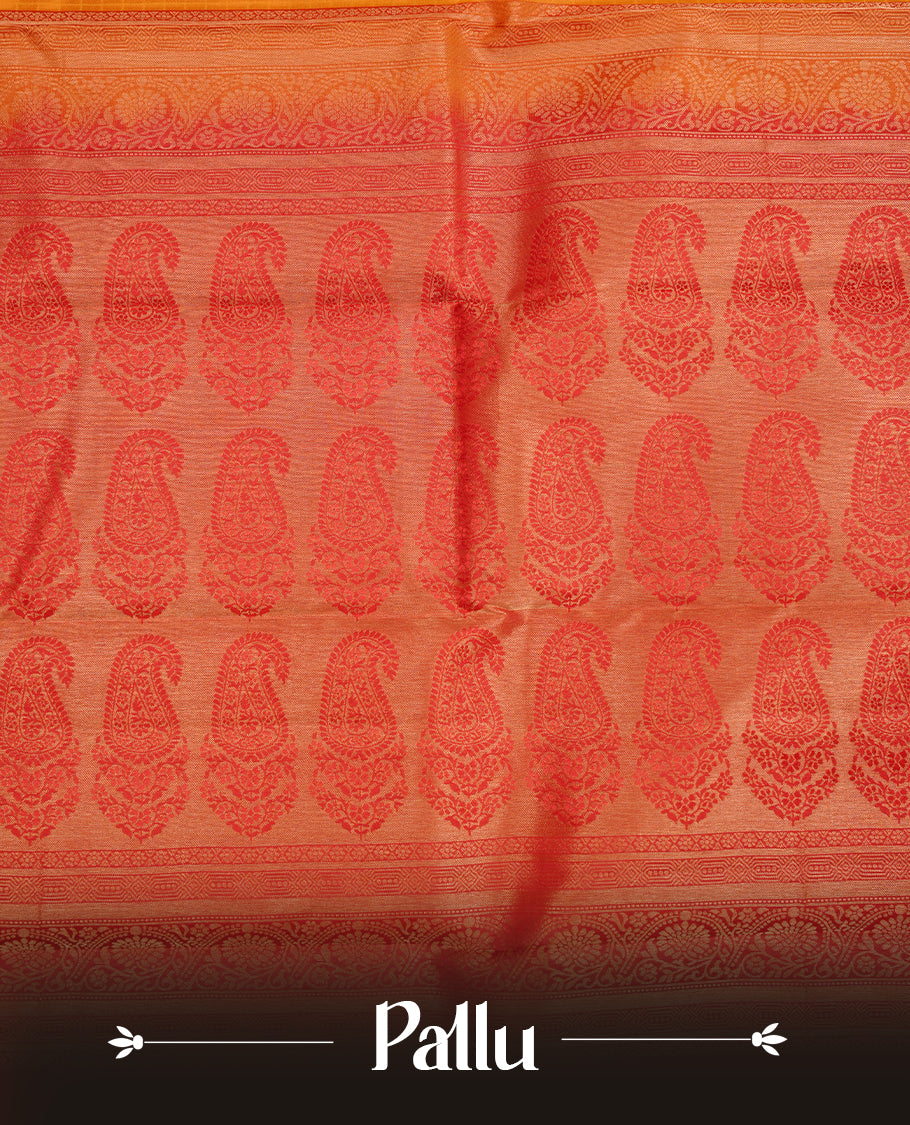 Mustard colour traditional kancheepuram silk saree featuring gold zari check pattern on body, complemented by contrast red colour with gold zari traditional border, paired with matching blouse piece.