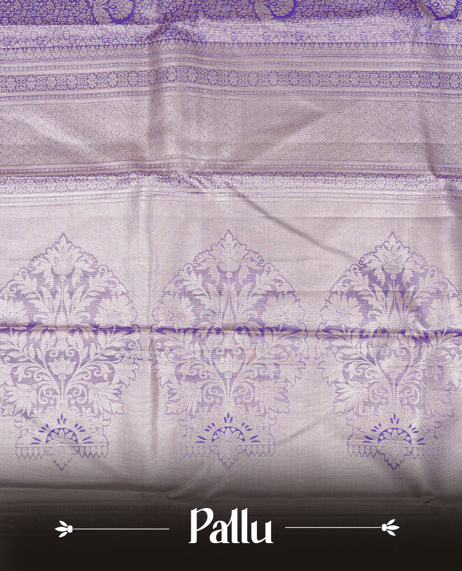 Violet & Gold Double shade Semi Tissue Silk saree featuring Light gold Kodi pattern on body, complemented by Contrast Lavender with gold zari border, paired with matching blouse piece.