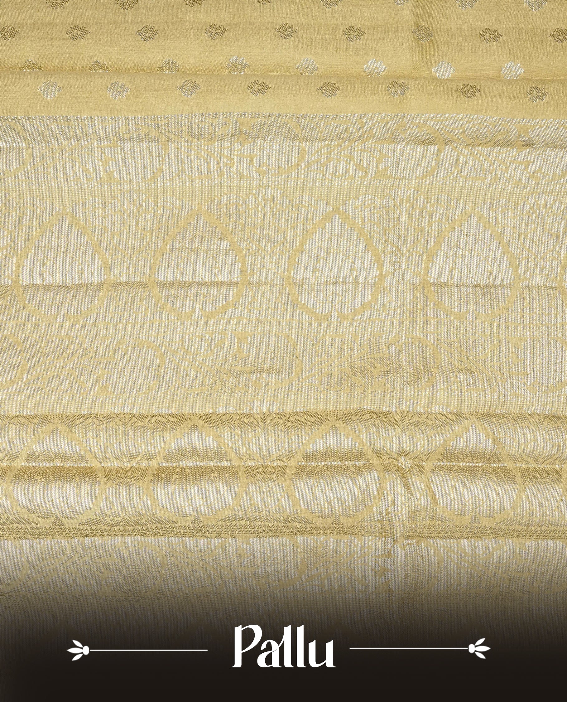 pastel yellow Colour Tussar silk saree with silver zari buttas On Body, a Contrast Self Coloured zari border and pallu, Paired With a matching blouse piece.