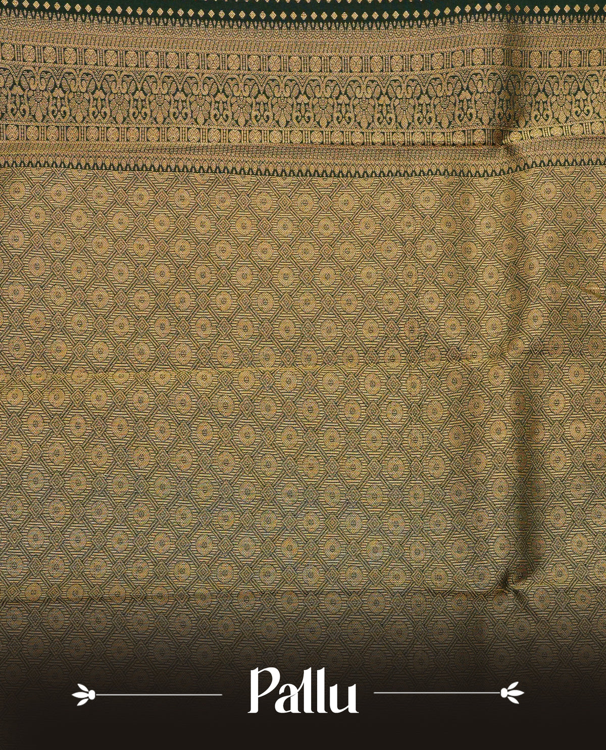 Dark green colour soft silk saree featuring gold zari buttas on body, contrast self colour gold zari traditonal border, grand pallu comes with matching blouse piece.