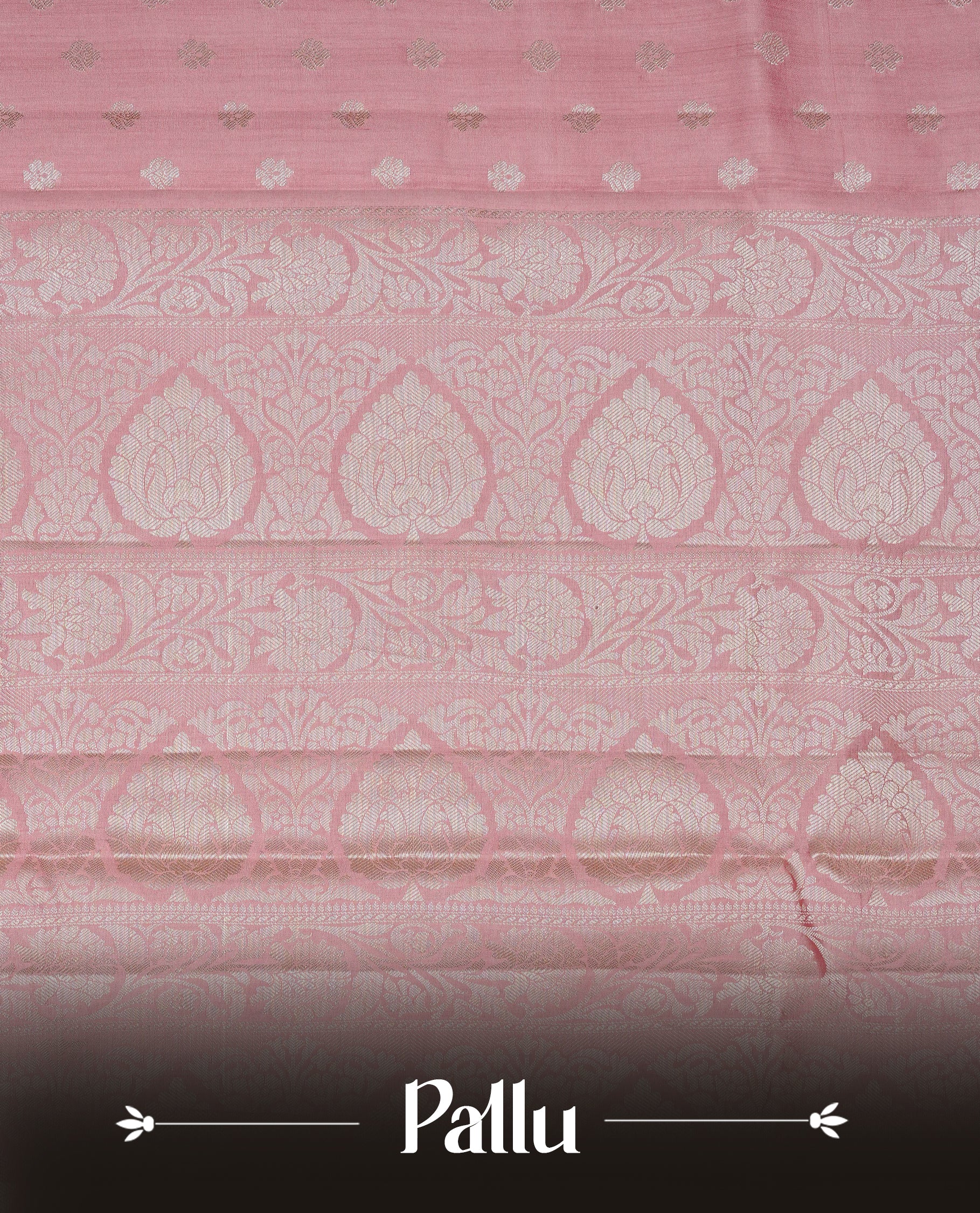 Peach Pink Colour Tussar silk saree with silver zari buttas On Body, an elegant zari border and pallu, Paired With a matching blouse piece.