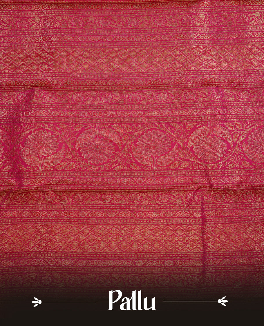 Magenta colour kancheepuram silk saree featuring gold zari floral kodi pattern on body, complemented by self colour with traditional border, paired with matching blouse piece.