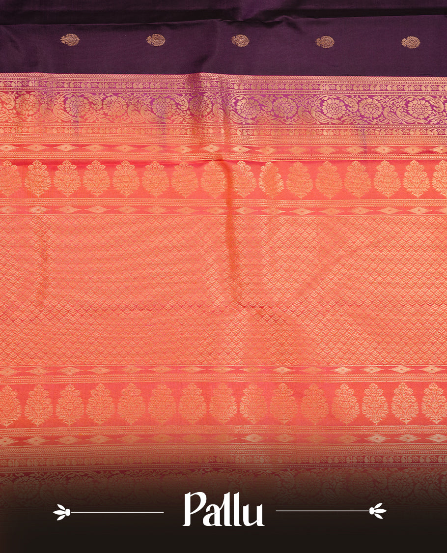 Purple colour traditional kancheepuram silk saree featuring gold zari motifs on body, complemented by contrast orange & green colour with gold zari traditional border, paired with matching blouse piece.