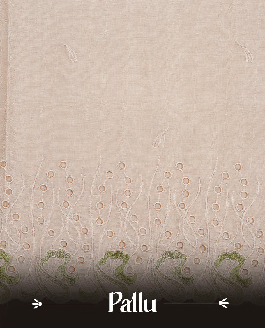 Beige colour Tussar silk saree featuring Elegant plain body, highlighting Green colour thread worked scalp border, pallu and paired with matching blouse piece.