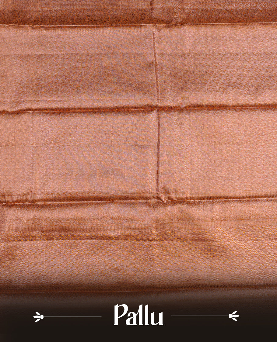 Rose gold colour semi tissue silk saree featuring gold zari motifs on body, self colour with copper zari traditional green simple border, paired with matching blouse piece.