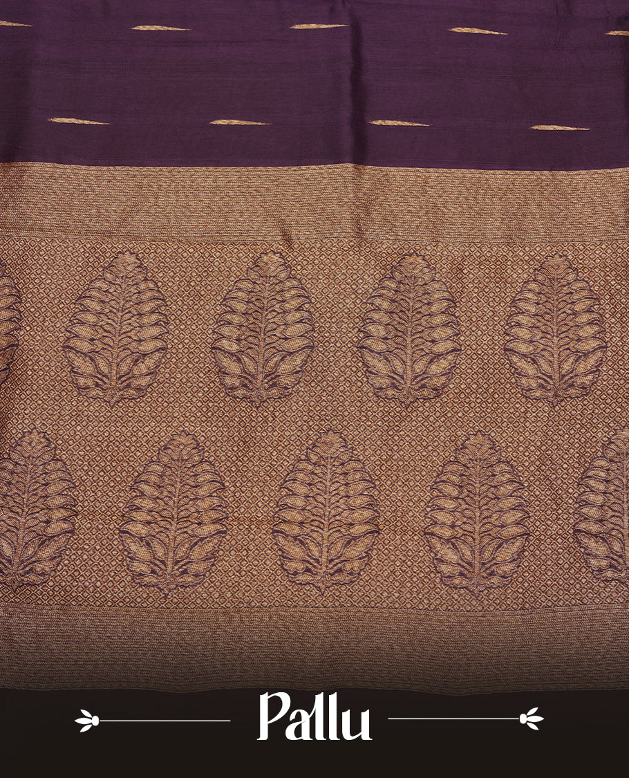 Grape colour semi banaras tussar georgette saree featuring antique gold zari buttas on body, temple pattern on border and floral pattern on pallu, paired with matching blouse piece.