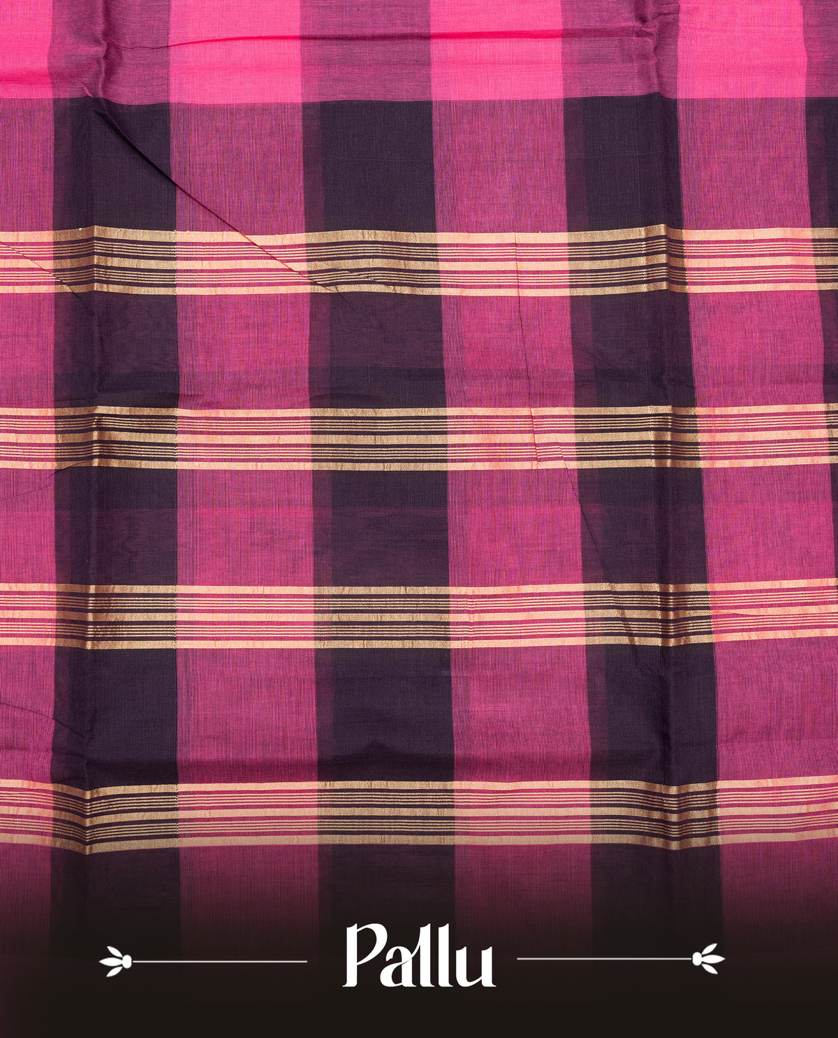 Magenta & Dark brown colour chettinad cotton saree featuring check pattern on body, complemented by Self Colour with gold zari border, comes with matching blouse piece.