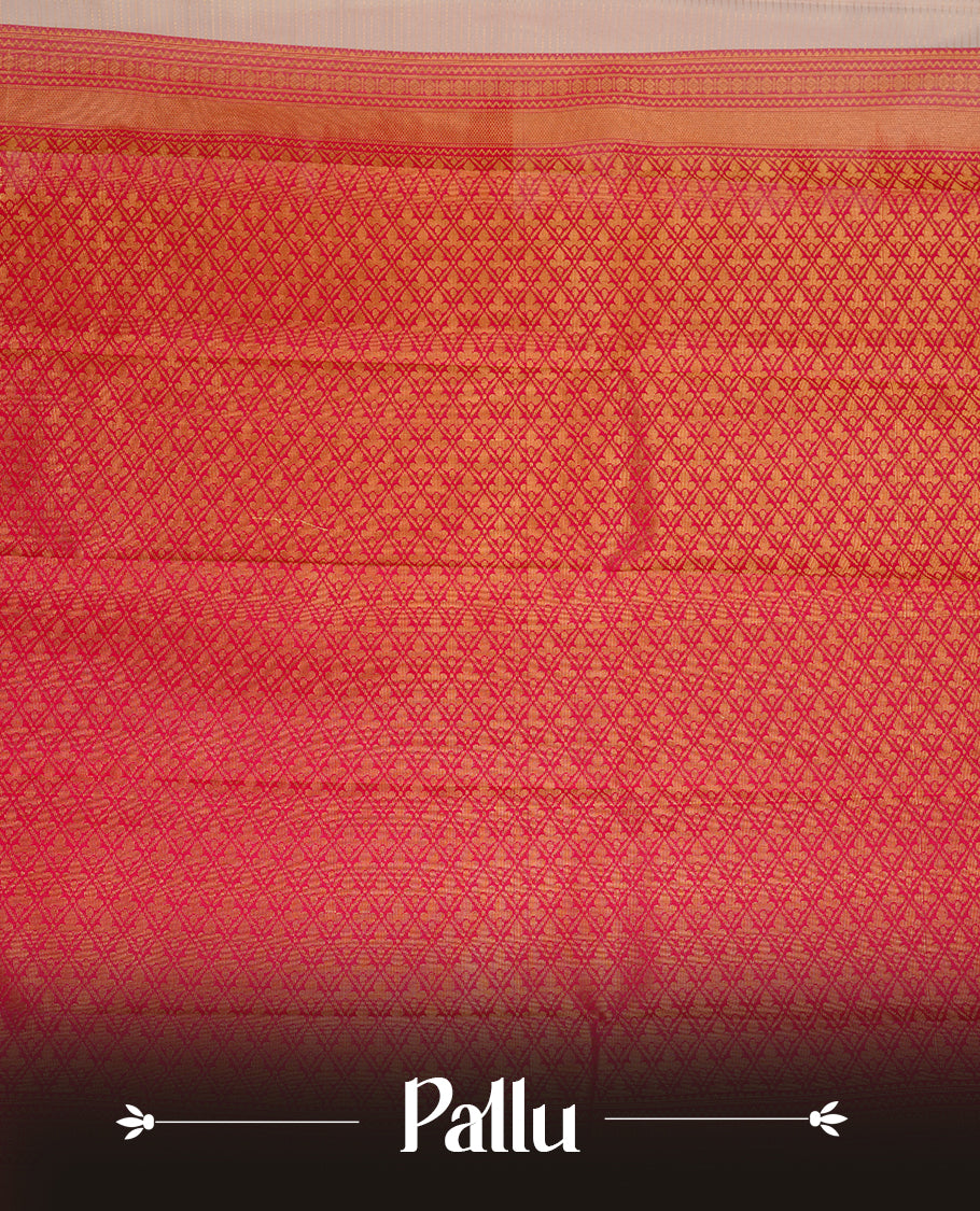 Cream coloured soft silk saree featuring gold zari stripes and motifs across the body, enhanced with a contrast Magenta border and pallu, paired with a matching contrast blouse piece.