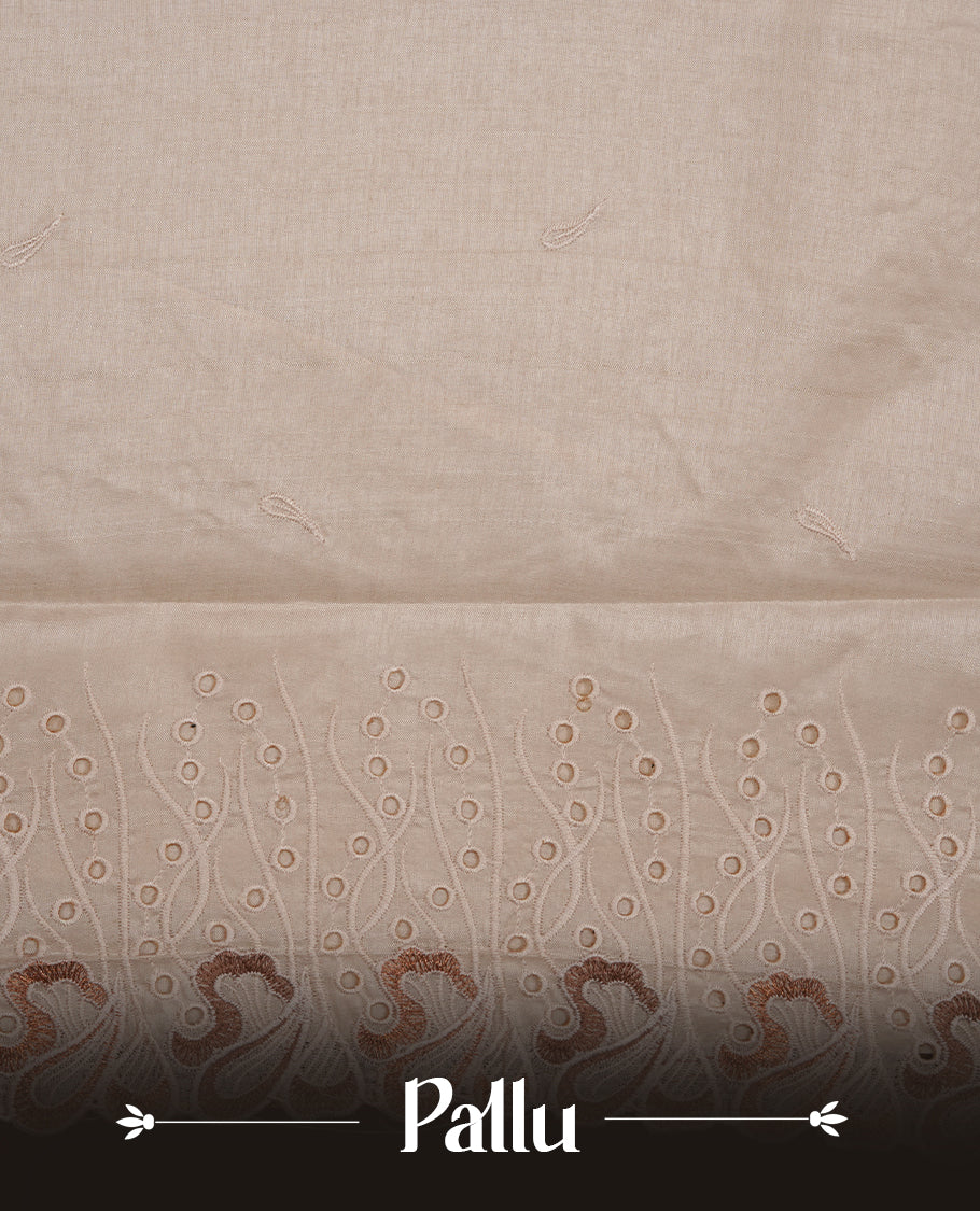 Beige colour Tussar silk saree featuring Elegant plain body, highlighting Brown colour thread worked scalp border, pallu and paired with matching blouse piece.