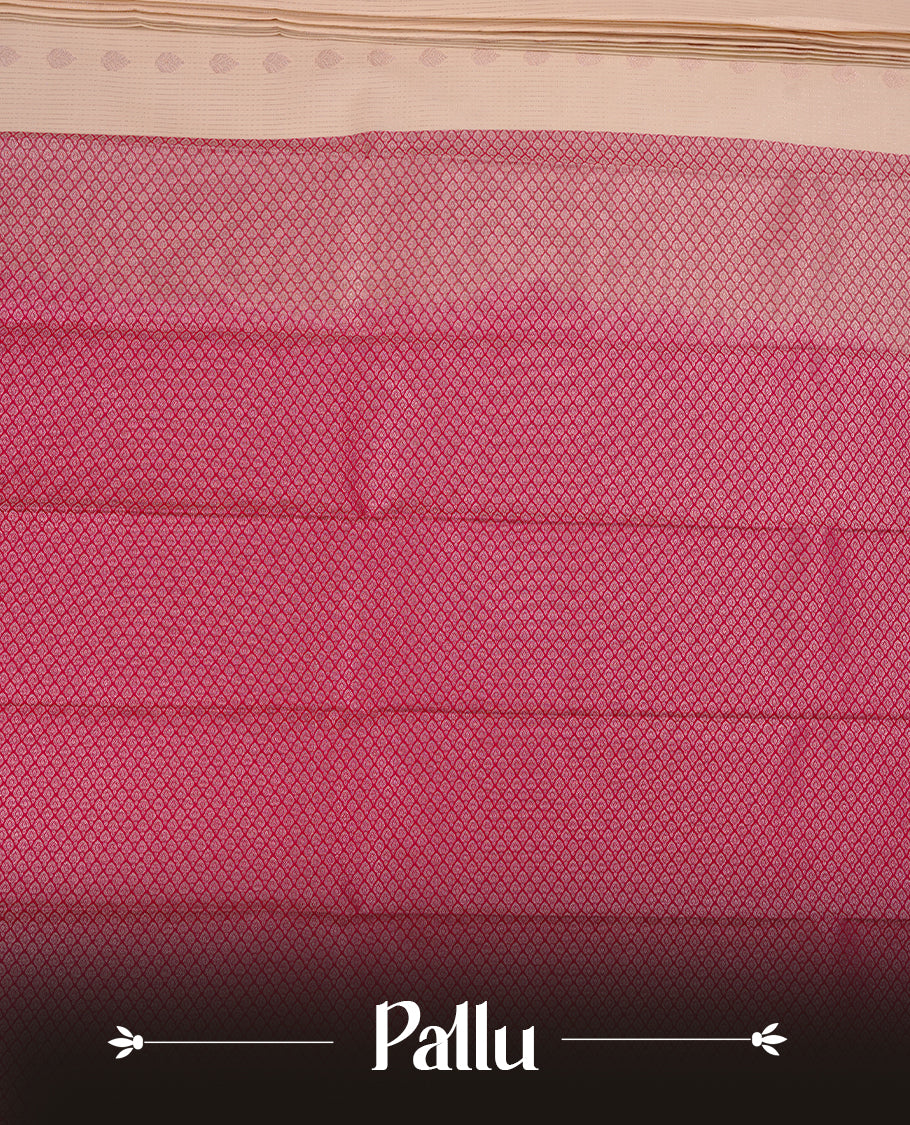 Cream coloured soft silk saree featuring gold zari stripes and motifs across the body, enhanced with a contrast Magenta border and pallu, paired with a matching contrast blouse piece.