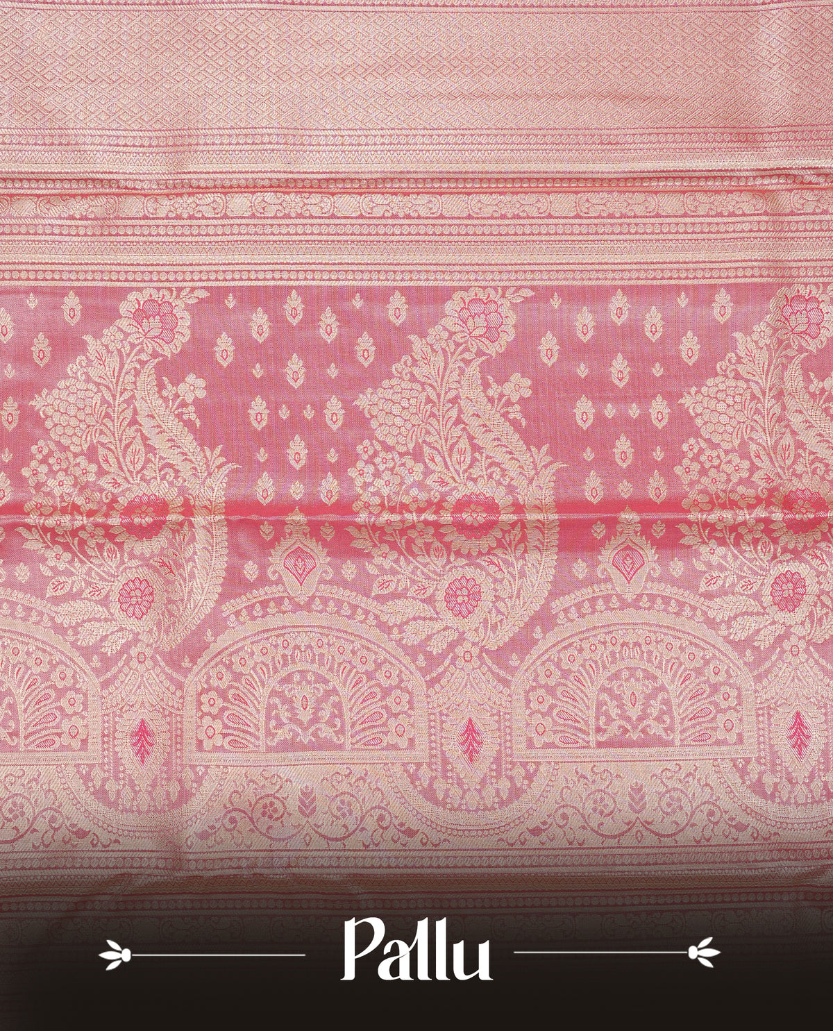 Rose Gold Colour Semi Tissue Silk Saree featuring shimmering gold and silver geometric box motifs on the body, complemented by an intricately woven floral zari pallu, a rich pink and gold zari border, and paired with a matching plain blouse piece