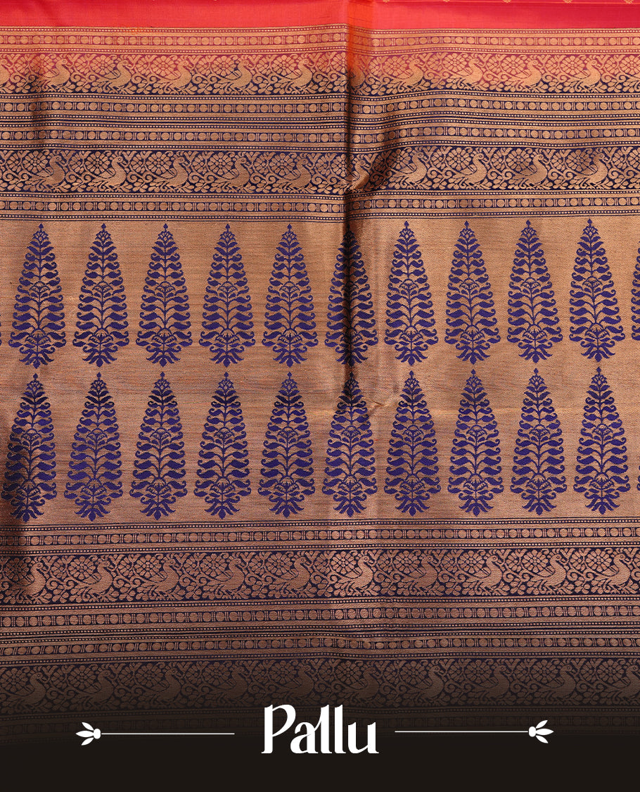 Reddish orange colour traditional kancheepuram silk saree featuring gold zari check pattern on body, complemented by contrast multicolour with gold zari traditional border, paired with matching blouse piece.