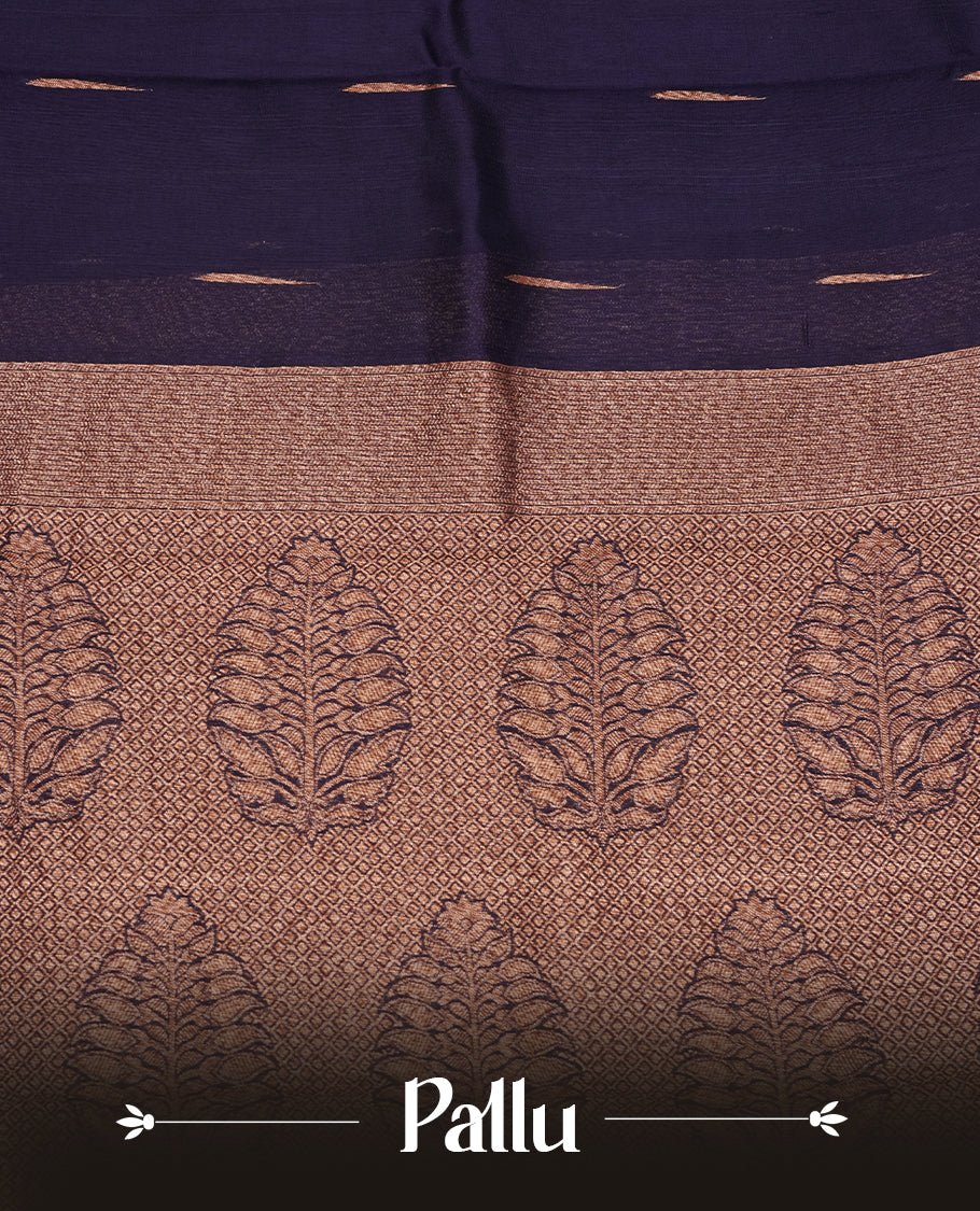 Purple colour semi banaras tussar georgette saree featuring antique gold zari buttas on body, temple pattern on border and floral pattern on pallu, paired with matching blouse piece.