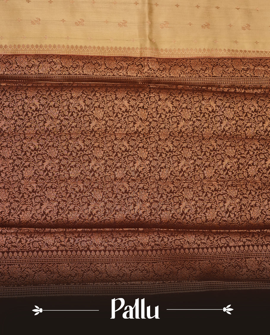 Dark Beige colour Pure banaras soft silk saree featuring Antique zari motifs on body, contrast Chocolate colour border , traditional pallu and paired with matching blouse