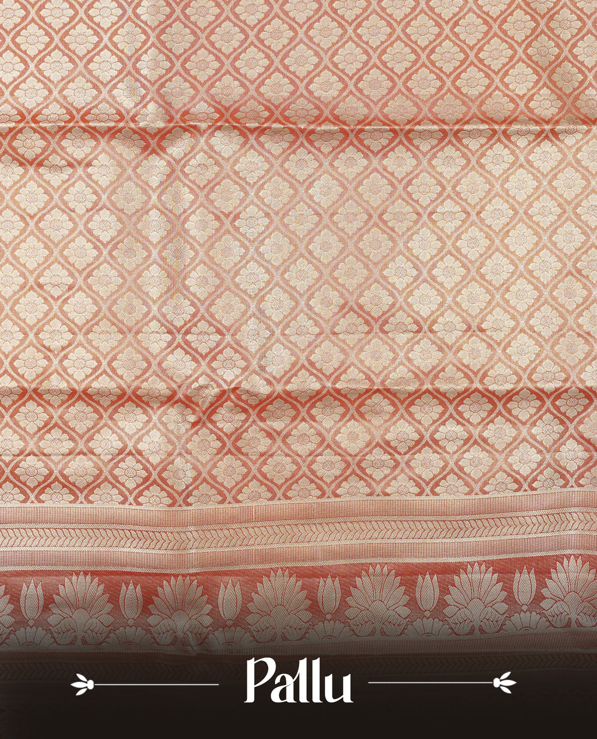 Orange Colour Tissue Silk Saree featuring elephant, peacock, and floral light gold zari woven motifs across the body, a richly woven zari pallu, complemented by a contrast pink border with light gold zari & paired with a matching blouse piece.