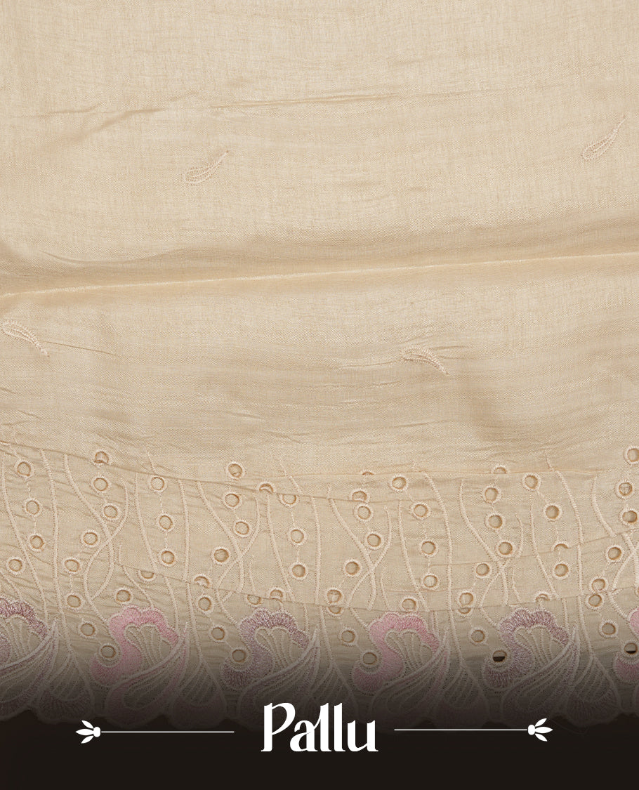 Beige colour Tussar silk saree featuring Elegant plain body, highlighting pink colour thread worked scalp border, pallu and paired with matching blouse piece.