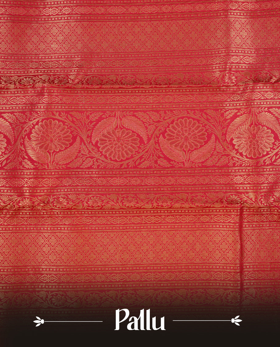 Rani pink colour kancheepuram silk saree featuring gold zari floral kodi pattern on body, complemented by self colour with traditional border, paired with matching blouse piece.
