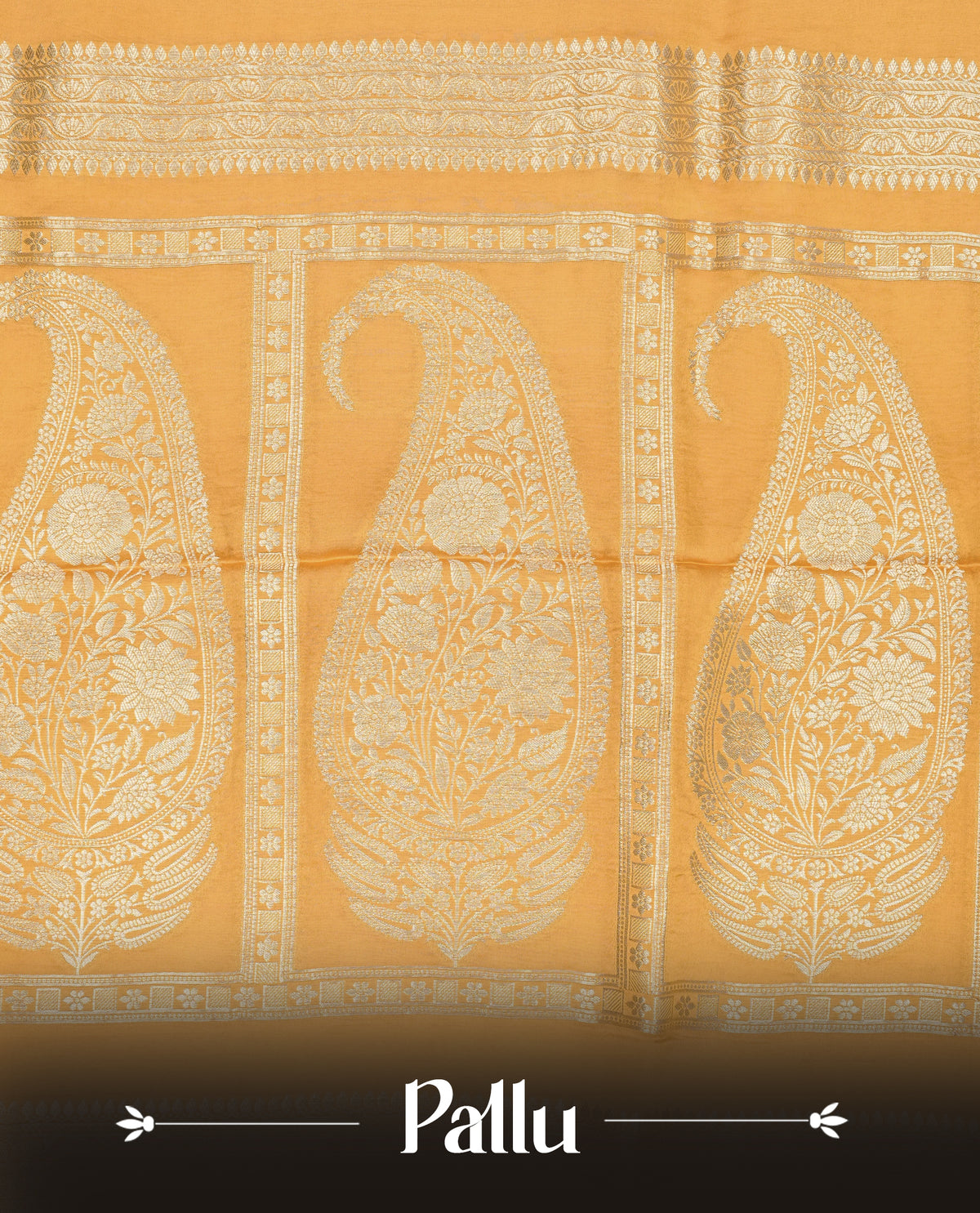 Yellow colour Banaras satin crepe silk saree featuring Plain body, associate with Gold zari traditional border, comes with matching blouse piece.